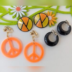 Vtg. Lot of 3 Pr. Earrings- Clip On Pierced Peace Sign Hoops Enamel Orange Black